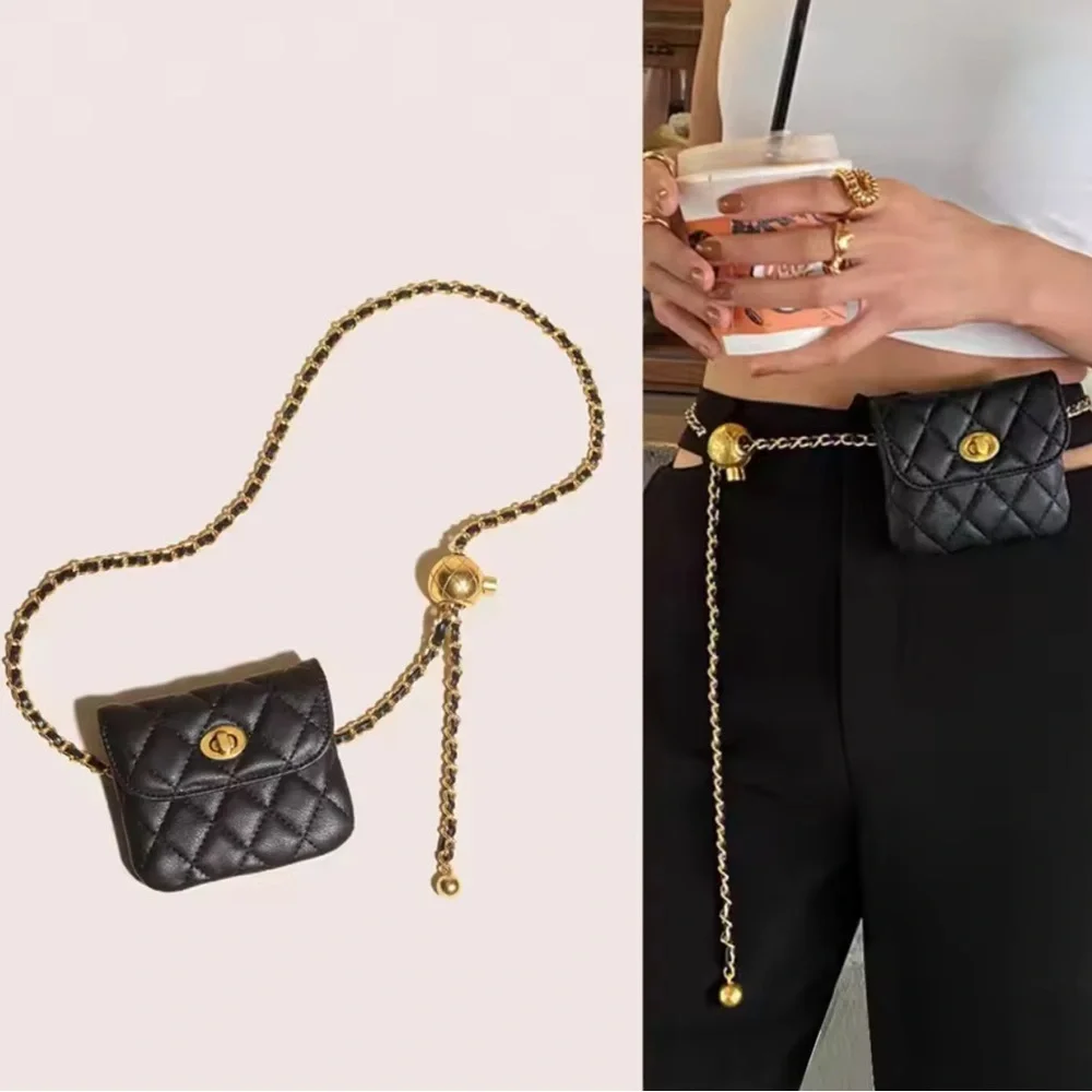 Anthropologie Black Quilted Chain Belt Bag | NWOT Chanel Lambskin Quilted Chain Infinity Waist Belt Bag Black  main image 4